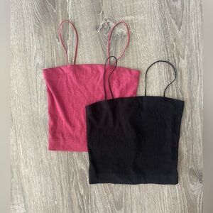 AMERICAN EAGLE BLACK & BURNT RED RIBBED THIN STRAP FITTED CROP TANK TOP X SMALL